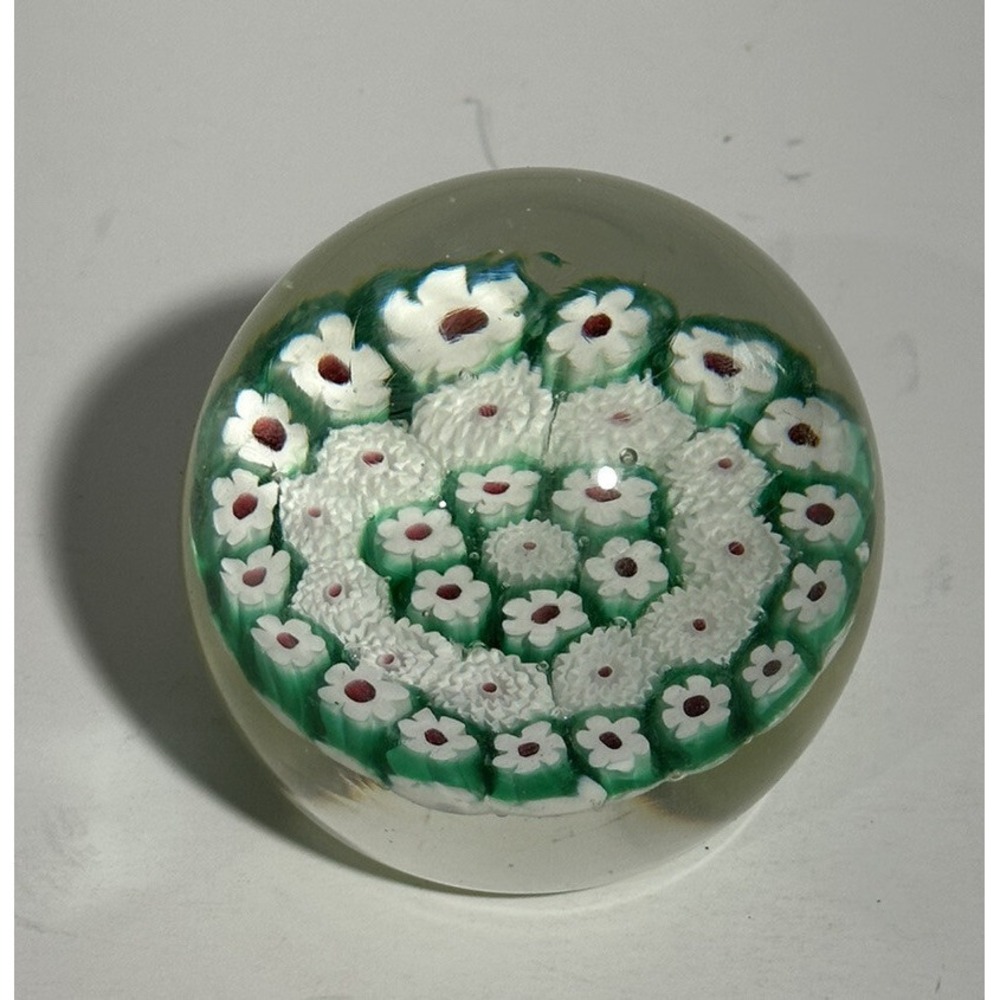 Vintage Millefiori Art Glass Paperweight Large 3" Size Green Mulitcolor